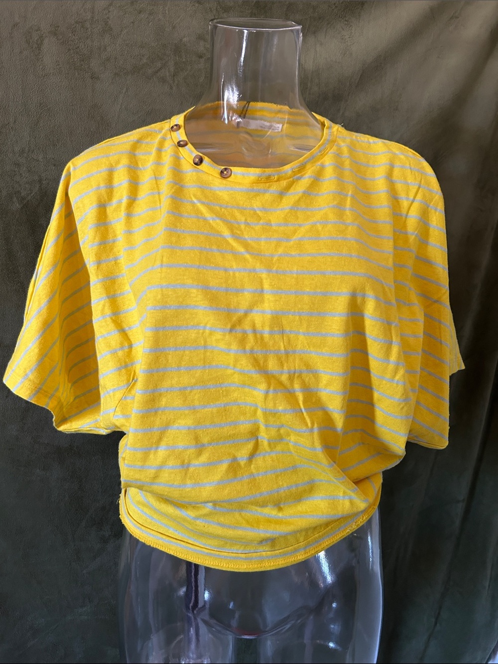 Zara Yellow & Light Gray Striped Crop Top with Button Accent